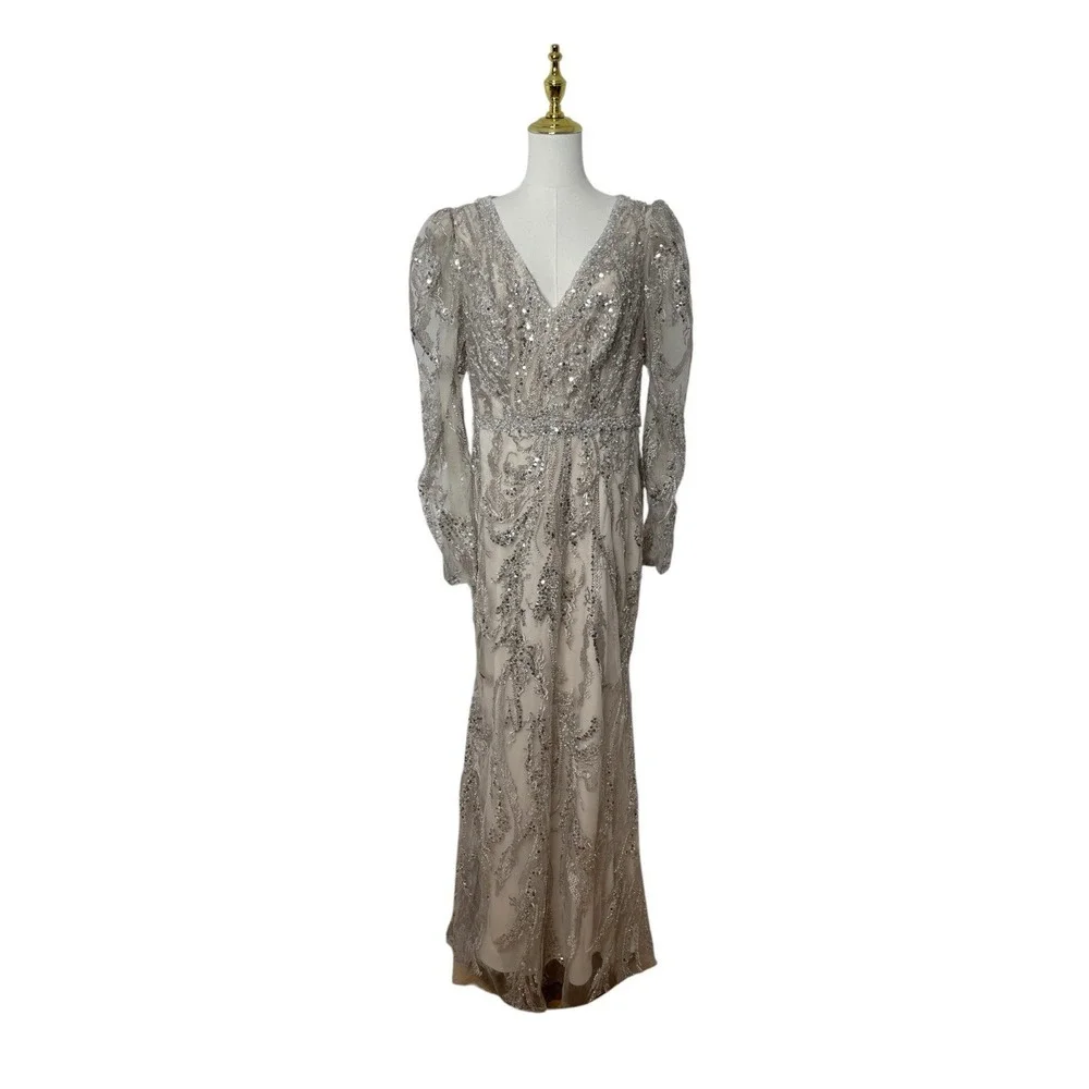 Mac Duggal 20349 Mocha Embroidered Beaded Sequins Long Sleeve Gown Size 12 $998